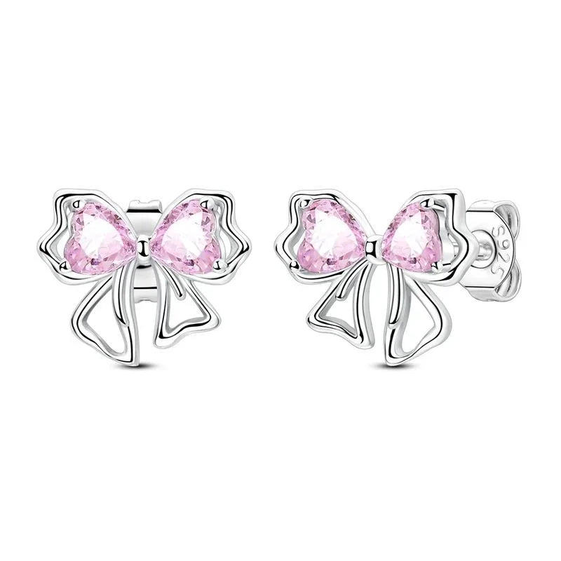 925 Sterling Silver Pink Bow Set Charms Rings Earrings Necklaces Bead Sparkling Women's Jewelry Gift Fashion Light Luxury Making