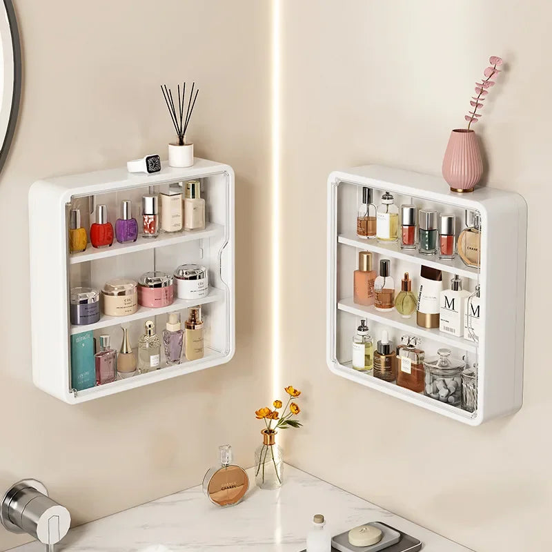 Multi-Layer No Drill Bathroom Organizer Transparent Cosmetic Display Cabinet with Removable Shelves