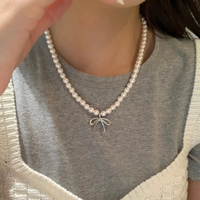 Gothic Vintage Pink Cross Strawberry BowTassel Pendant Pearl Beaded Snake Chain Necklace Women Y2K 2000s EMO Jewelry Accessories