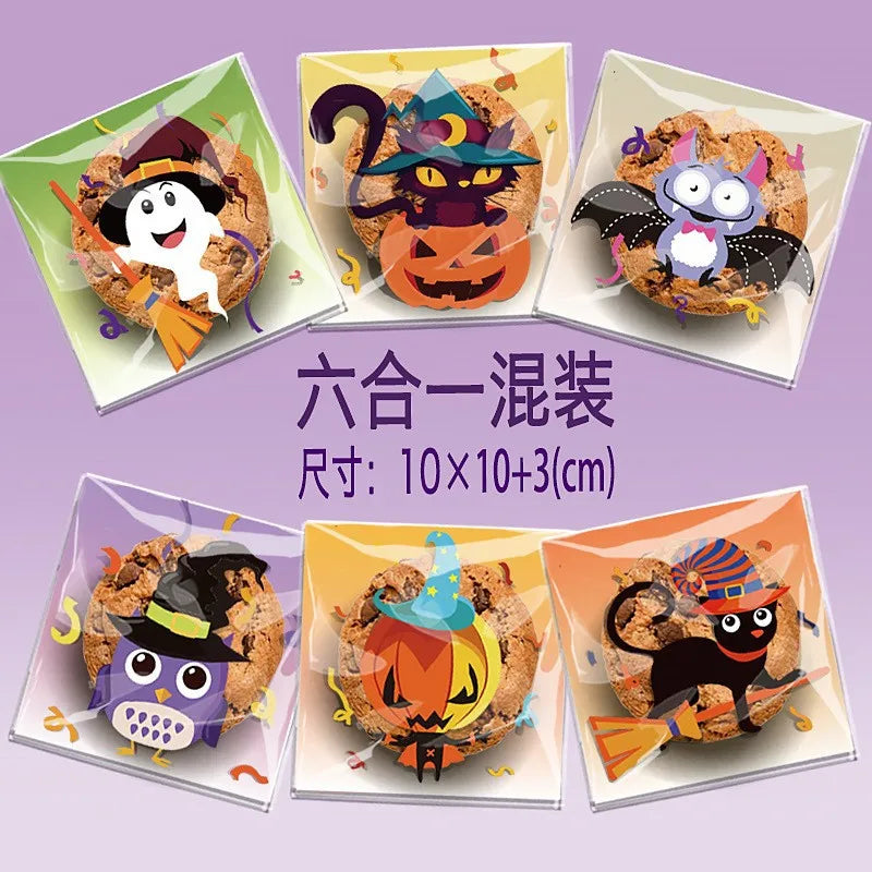 100pcs Happy Halloween Cookie Candy bread packaging bags self-adhesive plastic bags for biscuits snack baking package 10X10