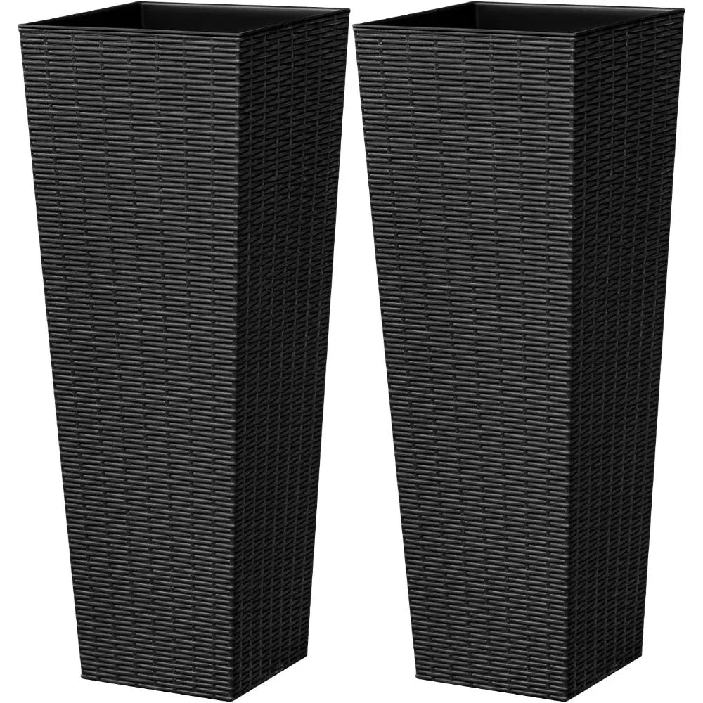Free Delivery - 32 Inch Tall Plastic Planters with Rattan Texture – Set of 2, Detachable Inner Pot & Drainage Holes,