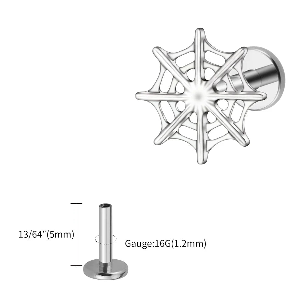 Right Grand ASTM F136 Titanium 16G Spider Web Stud Earring Cartilage Tragus Helix Conch Ear Lobe Flat Piercing Halloween Jewelry