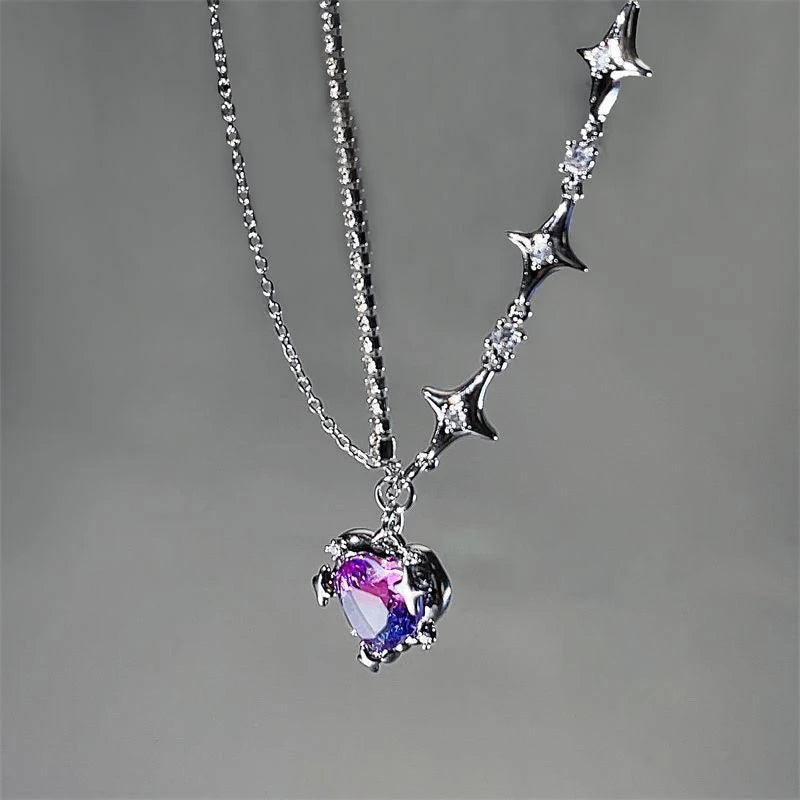 JWER Trendy Bling Moonstone Star Cross Pendant Necklace for Women Punk Hip Hop Star Chain CrystalNecklace Party Y2K Jewelry Gift