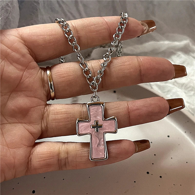 Gothic Punk Fashion Charm Cute Pink Large Cross Pendants Choker Chains Necklace Women Y2K 2000s EMO Grunge Accessories Jewelry