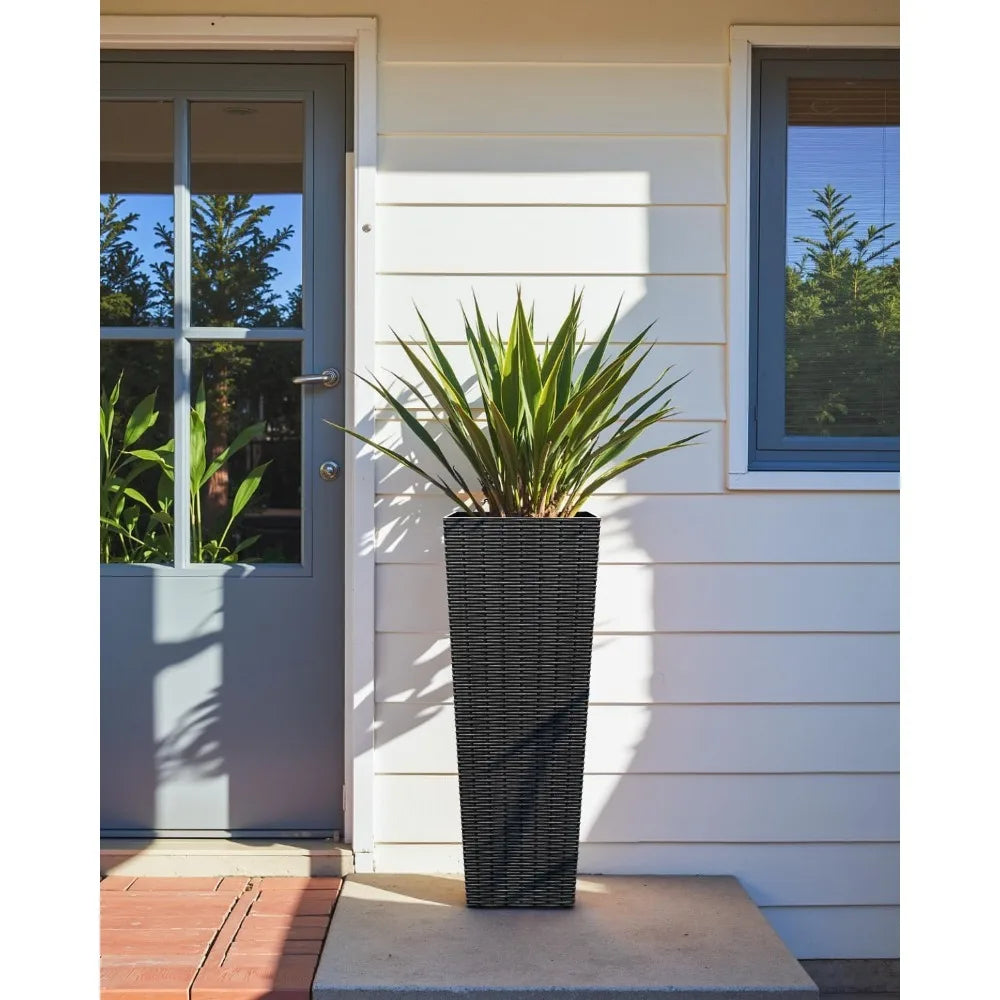 Free Delivery - 32 Inch Tall Plastic Planters with Rattan Texture – Set of 2, Detachable Inner Pot & Drainage Holes,
