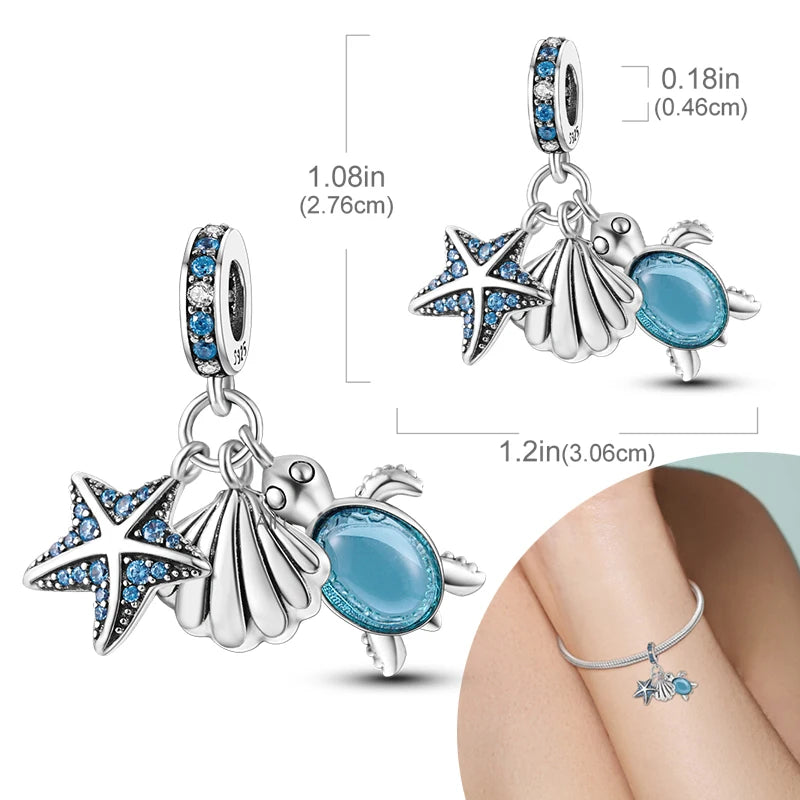New Silver Plated Charms Beads Turtle Starfish Shell Sea Blue Summer Beads Fit Original Charms DIY Woman Jewelry Gift