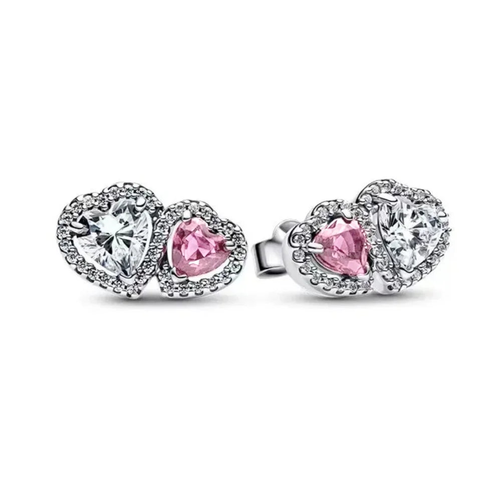 New 925 silver white pink double heart-shaped necklace ring earrings, suitable for Valentine's Day and women's holiday gifts