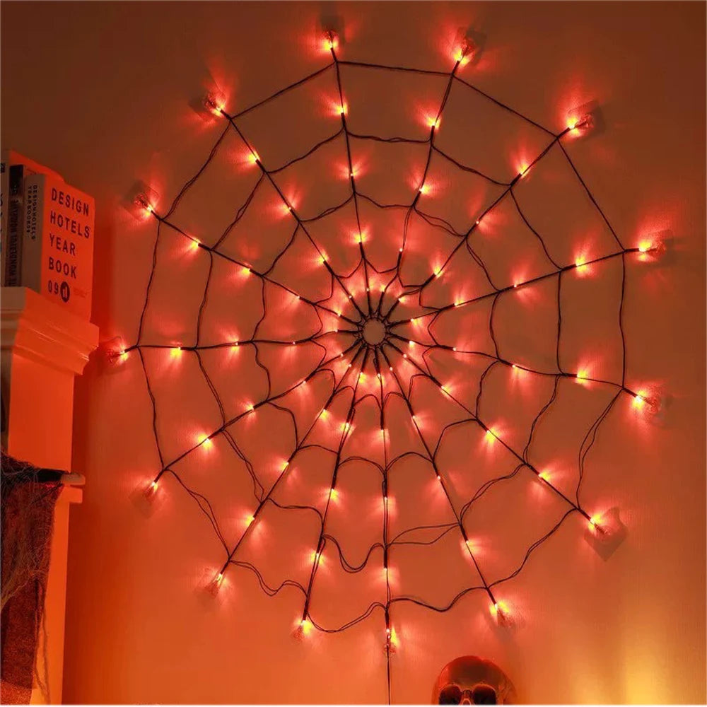 Halloween Decor 70LED 1.2m Spider Web Lights Waterproof Spider Net Lights Halloween Purple String Light Outdoor Home Party Decor