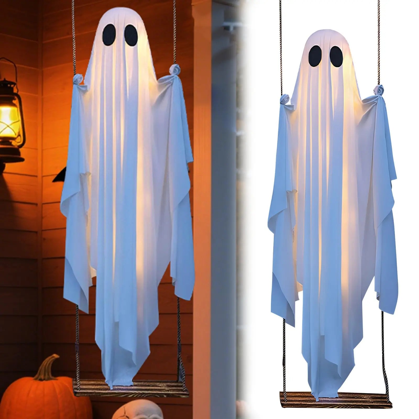 Halloween Hanging Ghosts Decorations with String Lights Scary Ghost Decor Ghost Ornaments for Tree Porch Yard Garden Lawn