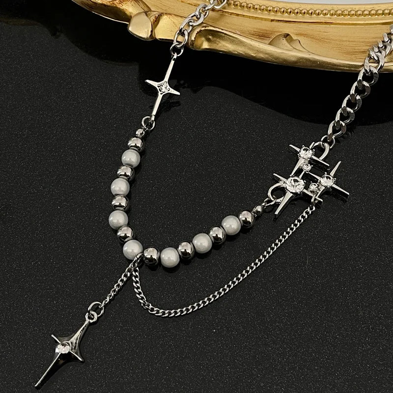 Kpop Zircon Cross Star Beaded Necklace Men Imitation Pearl Star Pendant Necklaces Y2K Hiphop Star Tassel Choker Necklace Unisex