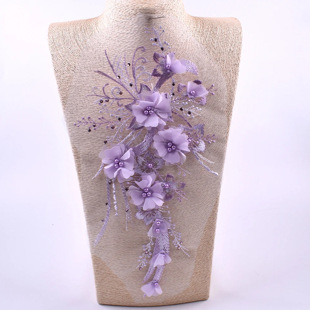 1Pc Pink Blue 3D Flower Bead Embroidery Patch Mesh Fabric Applique Sew Wedding Dress Clothes Decor Diy Repair