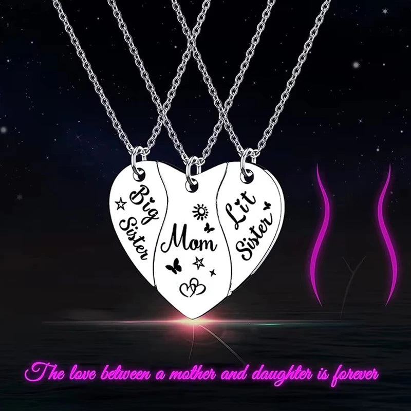 3 PCS Heart Matching Mom Daughter Son Necklace Set Stainless Steel Big Sister Little Sister Necklace Gifts For Mother