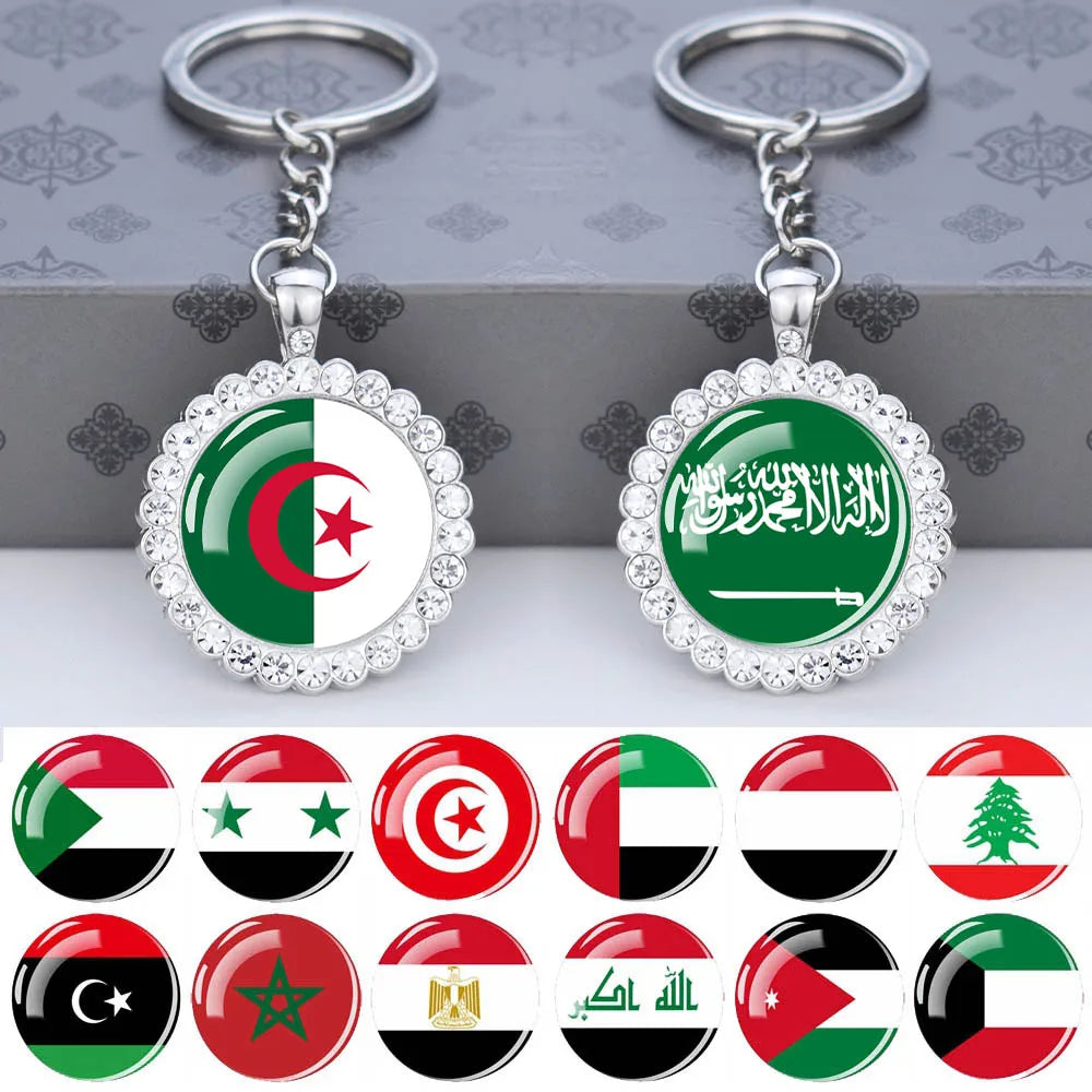 Arab National Flag Keychains Algeria Yemen Tunisia Saudi Arabia Egypt Glass Dome Rhinestone Key Chain Flag Jewelry Keyring Gift