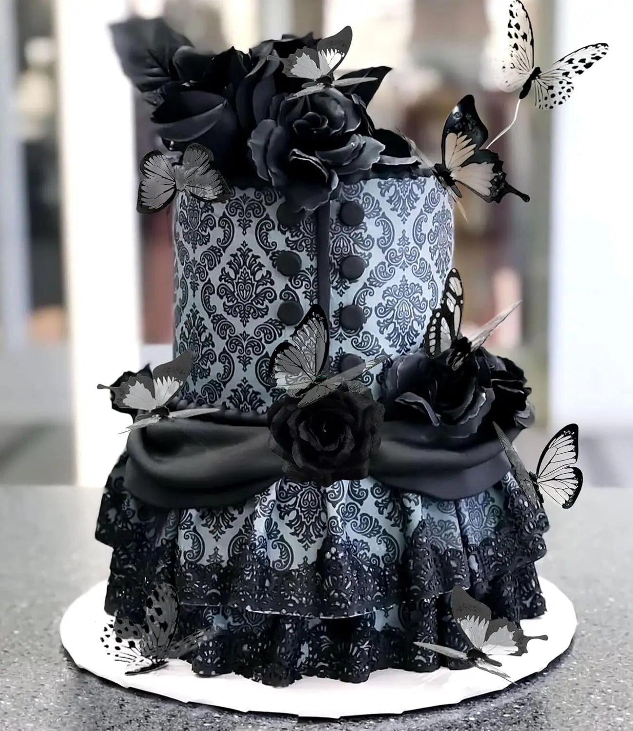 23pcs Goth Birthday Decorations Black Roses Topper Black Shiny Butterfly Death Cake Decoration for Halloween Birthday Supplies