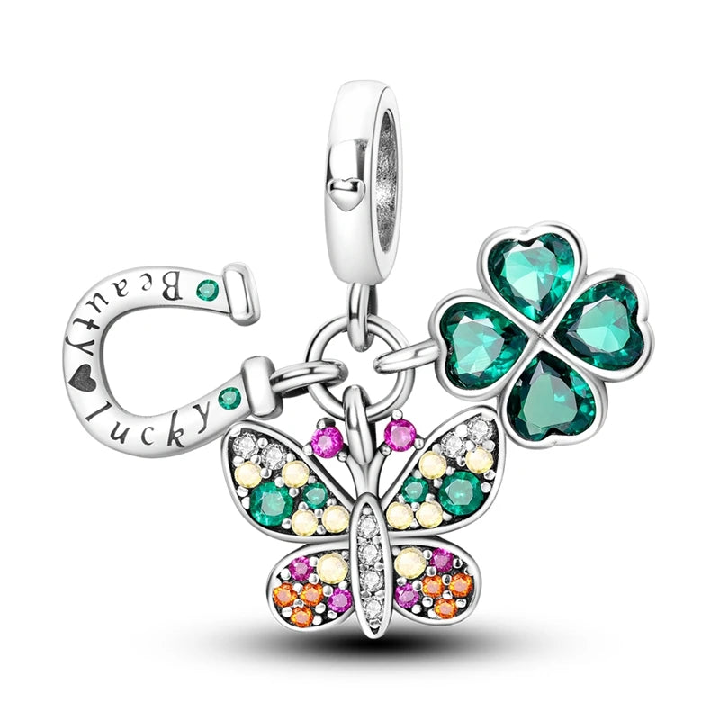 New 925 Sterling Silver Cactus Four Leaf Clover Charm Spring Green Series Bead Pendant For Original Beads Bracelet DIY Jewelry
