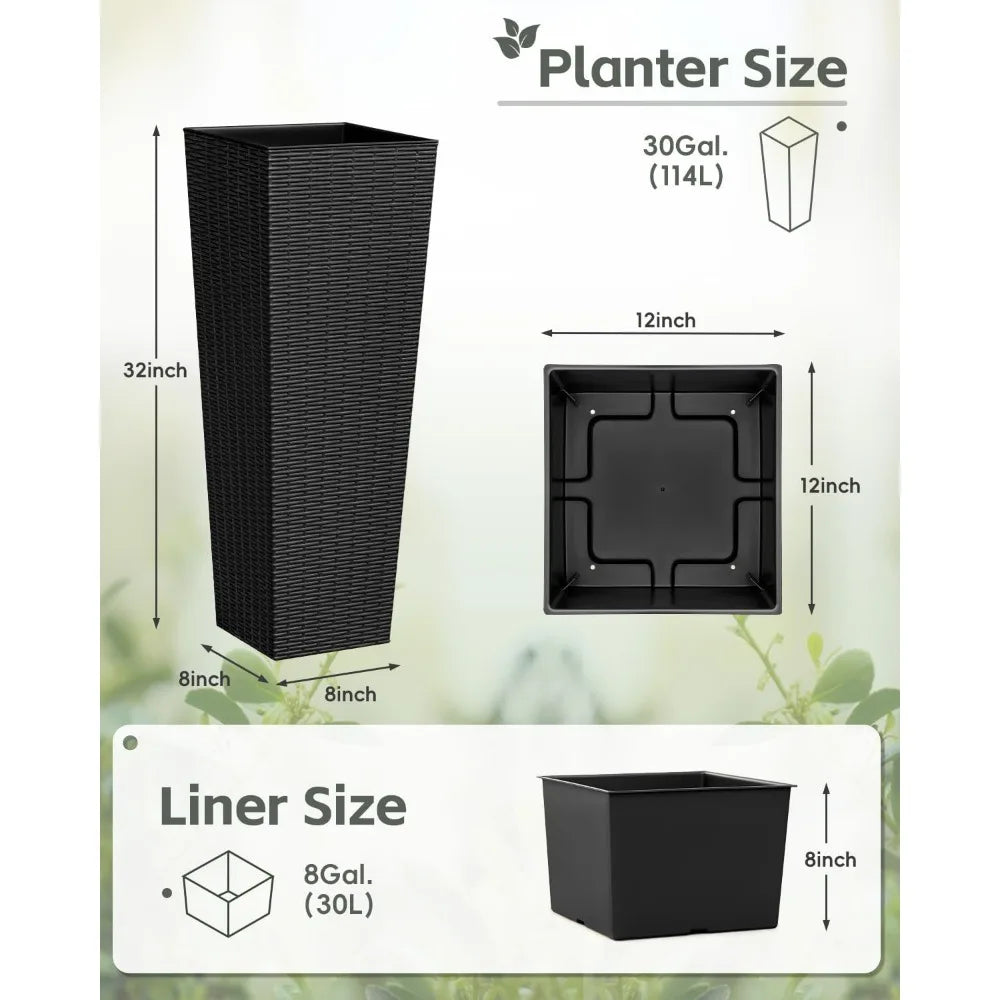 Free Delivery - 32 Inch Tall Plastic Planters with Rattan Texture – Set of 2, Detachable Inner Pot & Drainage Holes,