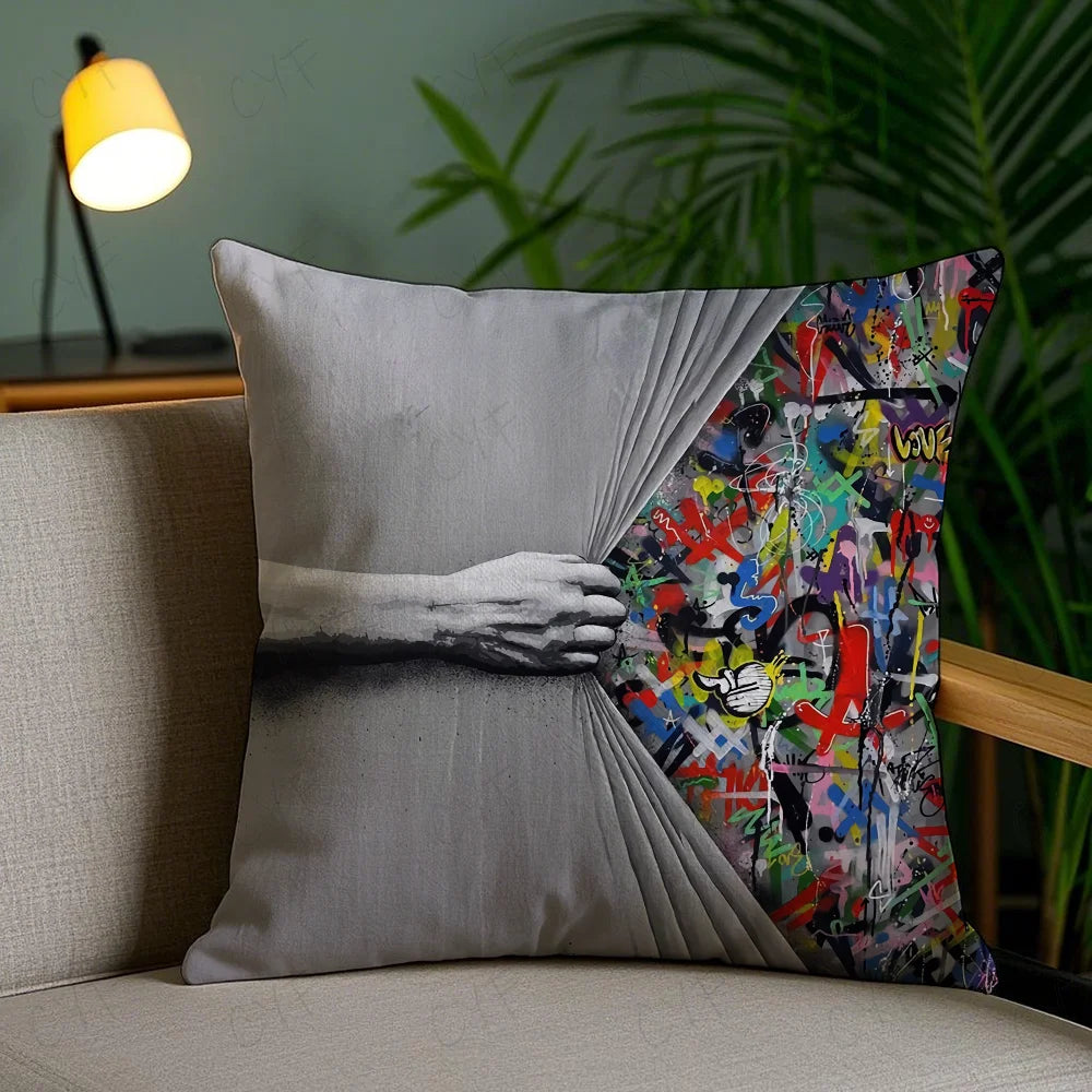 Banksy Street Graffiti Art Pillow Case Anti-dustmite Pillowcase Invisible zipper silky short plush Sofa cushion cover