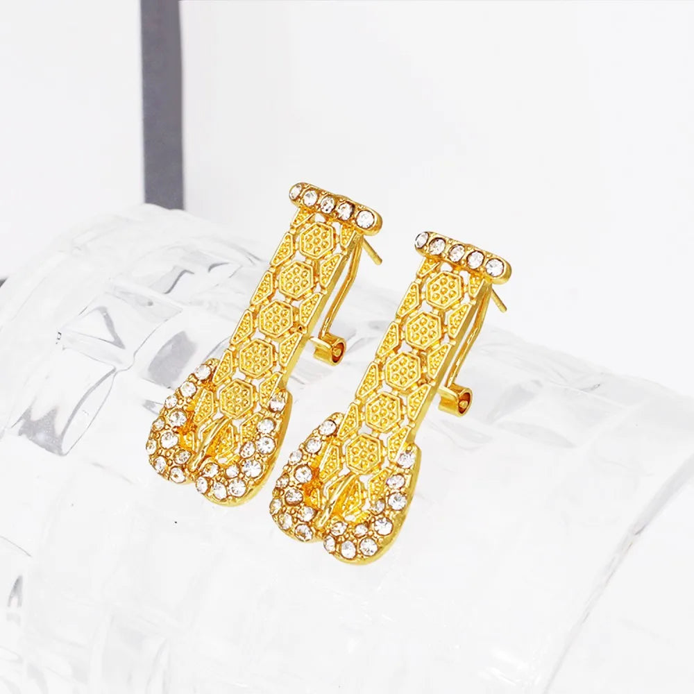 Trendy Statement Big Jewelry Set Africal Dubai Gold Color Large Necklace Chic Bangle Bracelet Long Earring Ring Set Wedding Gift