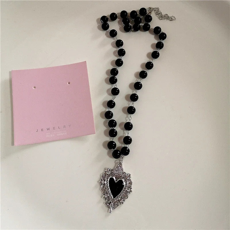 Gothic Black Peach Heart Star Pendant Necklace For Women Men Sliver Color Love Short Choker Punk Y2K Charms Jewelry Accessories
