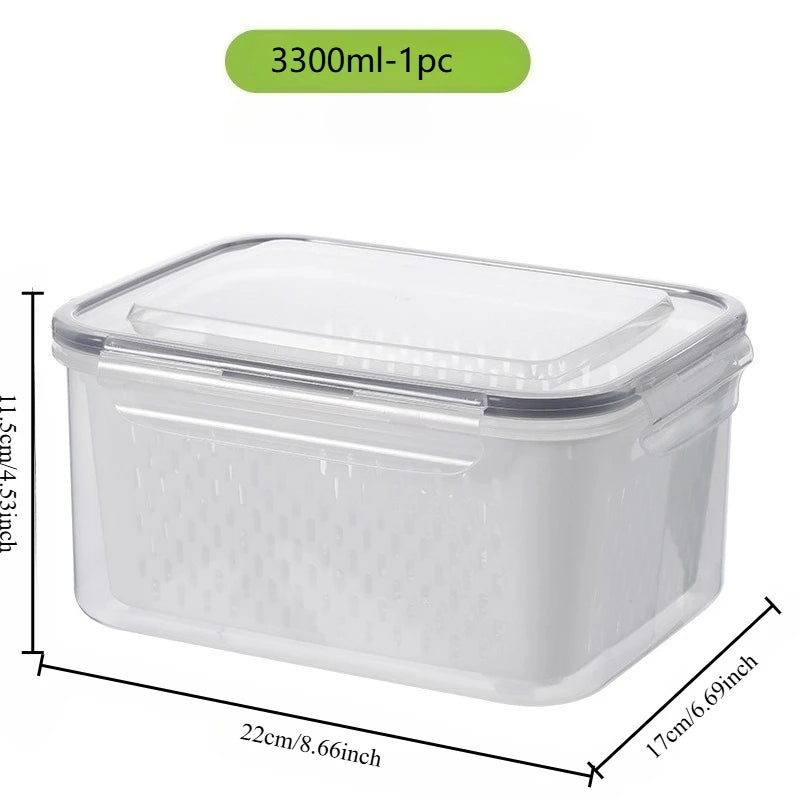 Plastic Food Storage Container with Drainage Basket and Lids, Fridge-Safe, Reusable Kitchen Organizer, Refrigerator Storage Box