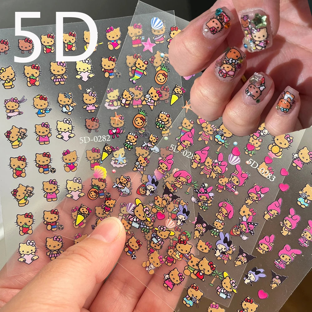 5D Sanrio Hawaii Hello Kitty/Mymelody Nail Stickers 1Pcs Kawaii Cartoon Kitty Nail Stickers DIY Holiday Girl Manicure Slider