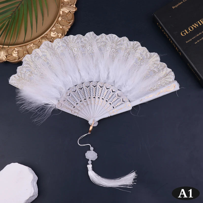 Gothic Court Dance Hand Fan Lolita Feather Folding Fan Japanese Sweet Fairy Girl Dark Art Craft Gift Wedding Party Decoration