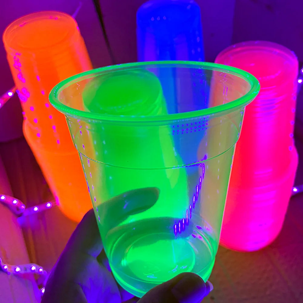 40pcs 12oz Neon Party Cups Disposable Glow Cups Under UV Black Light Neon Birthday Decorations Glow in the Dark Party Supplies