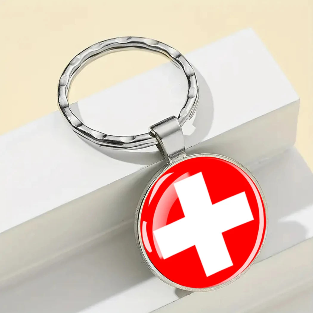 Europe National Flag Keychain Albania Spain Italy France UK Flag Glass Metal Key Chain Bag Pendant Gift for Patriot