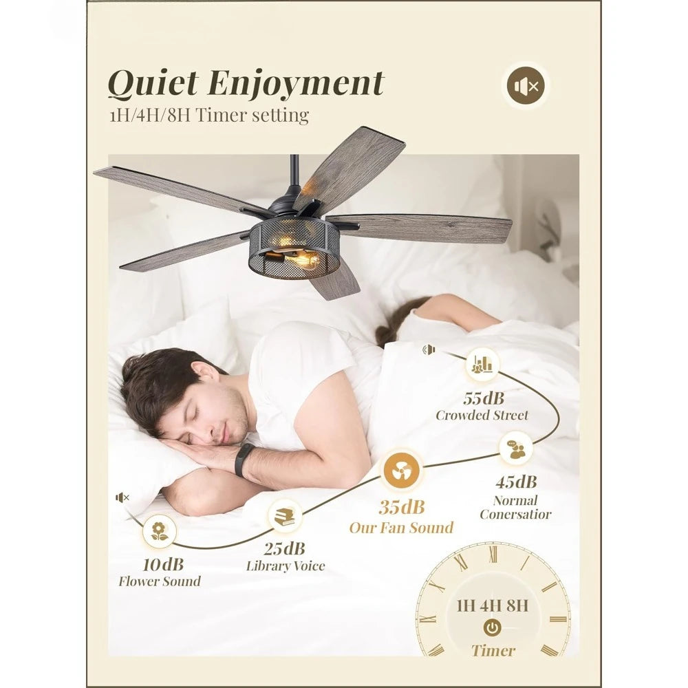 Farmhouse Ceiling Fans with Lights and Remote, 52 Inch Industrial Black Caged Ceiling Fans for Living Room Bedroom Kitchen, 6 Sp
