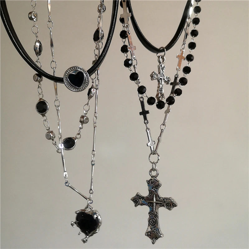 Punk Y2K Metal Cross Star Black Heart Pendant Multi Layer Bead Necklace For Women Men Vintage Gothic Charm Grunge Jewelry Gift