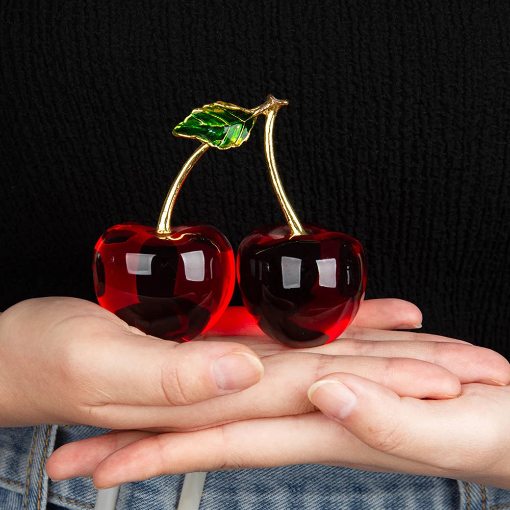 Crystal Cherry Figurine Collectible Paperweight Glass Fruit Ornament Tabletop Centerpiece Home Office Desktop Decor Wedding Gift
