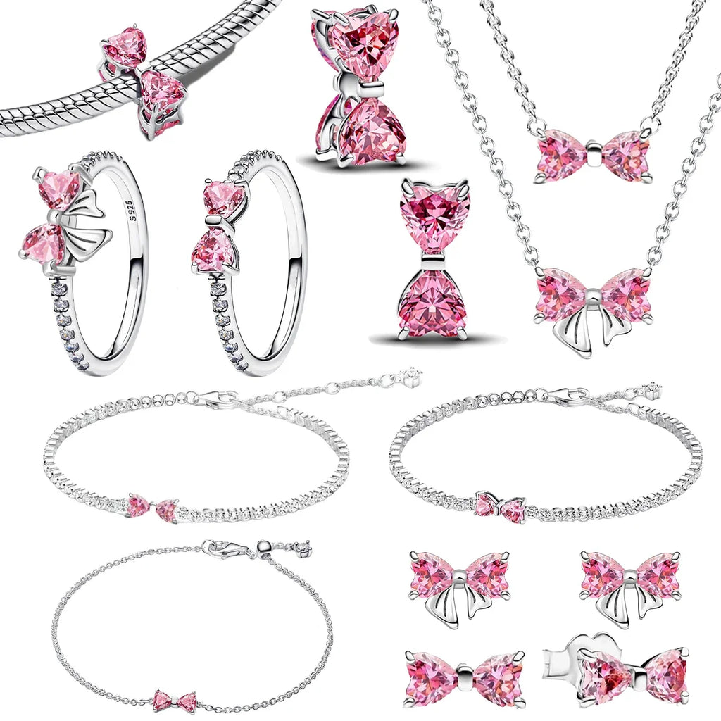 925 Sterling Silver Pink Bow Set Charms Rings Earrings Necklaces Bead Sparkling Women's Jewelry Gift Fashion Light Luxury Making