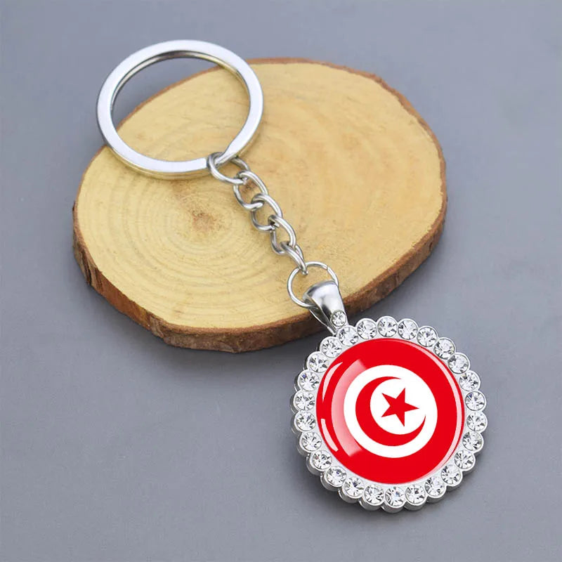 Arab National Flag Keychains Algeria Yemen Tunisia Saudi Arabia Egypt Glass Dome Rhinestone Key Chain Flag Jewelry Keyring Gift