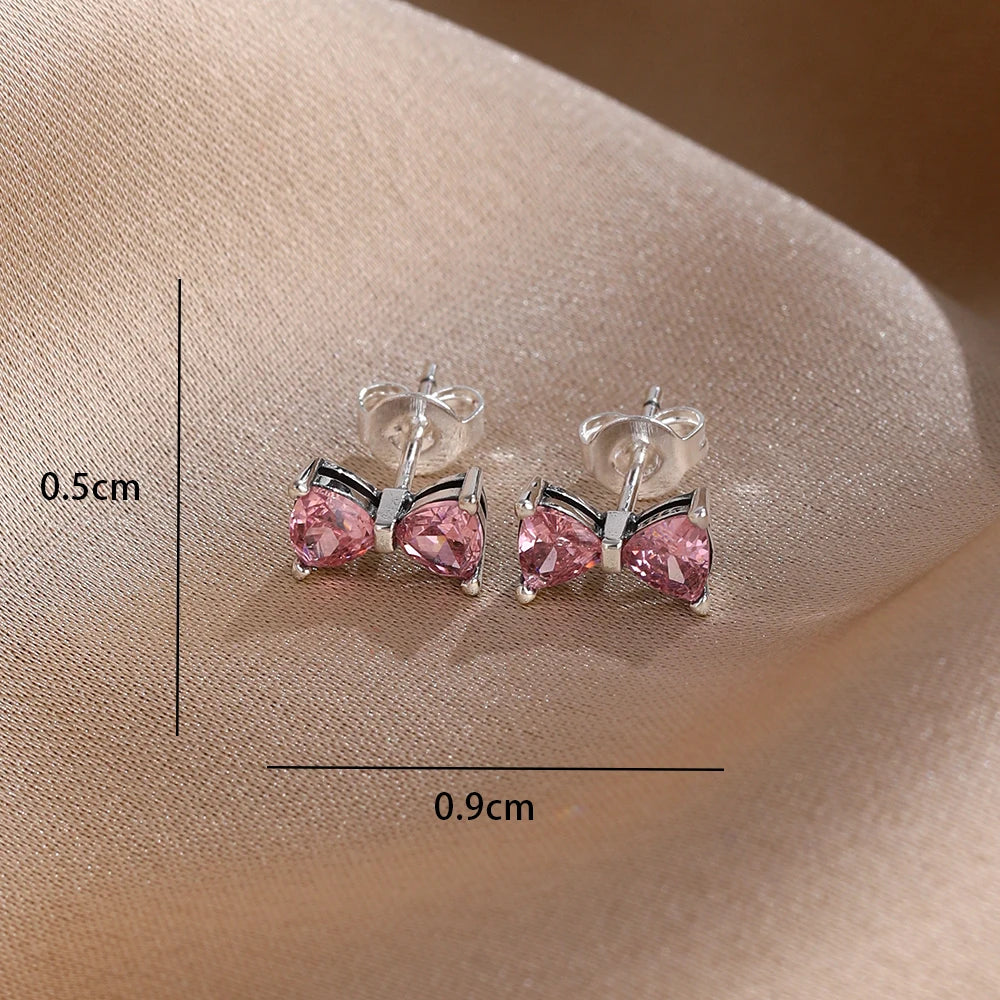 2025 New 925  silver earrings with sparkling red heart and pink bow earrings that fit original women's jewelry DIY birthday gift