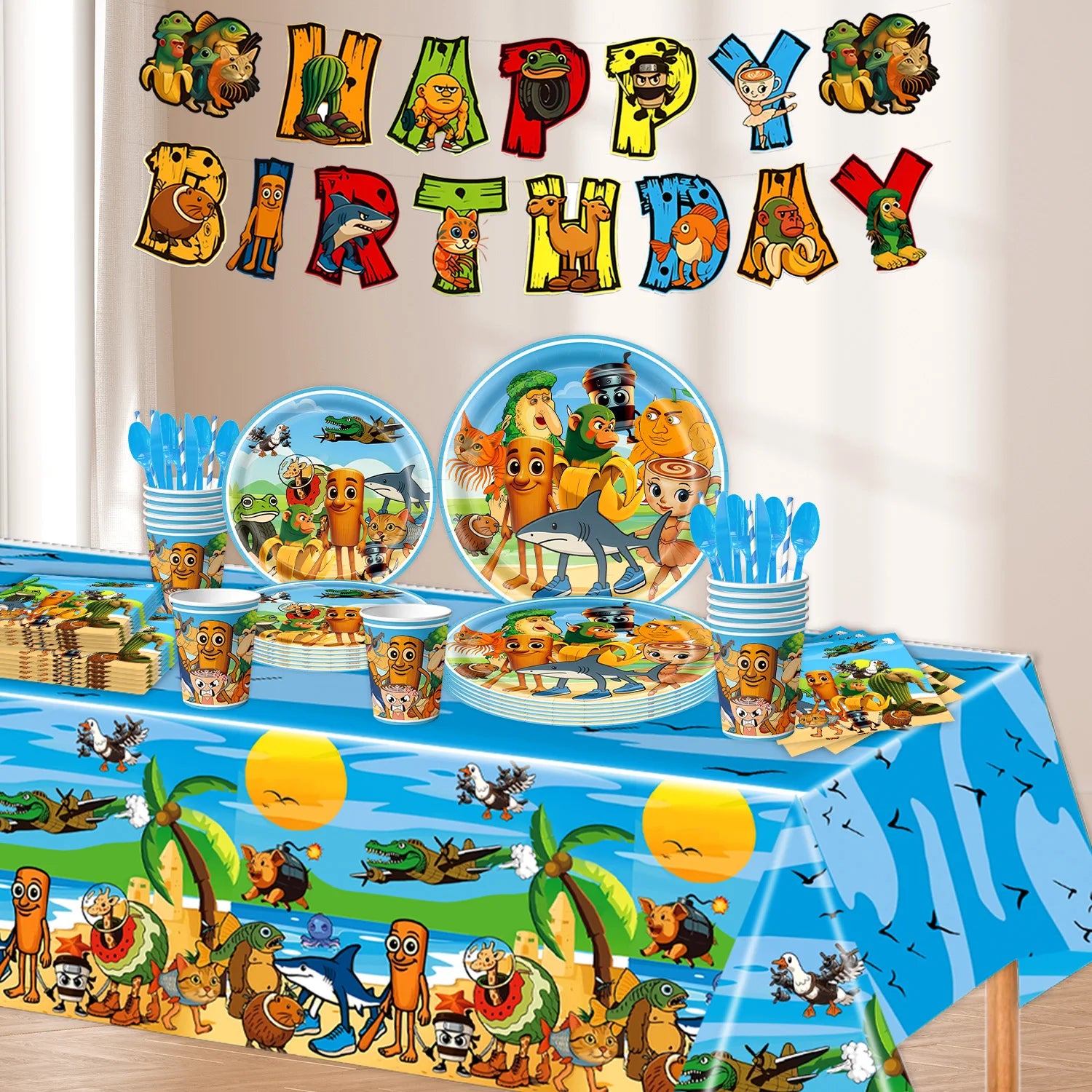 New Italian Brainrot Tablecloth Decorations Tung Tung Sahur Tralalo Theme Table Cover Tableware Set for Kids Birthday Party Gift