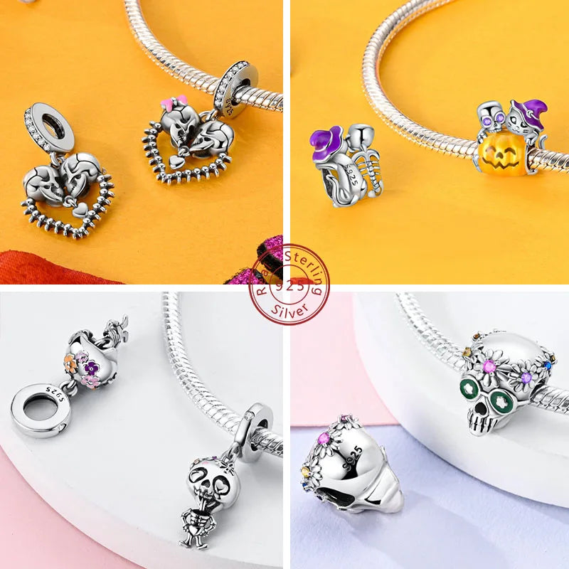 Original 925 Sterling Silver Halloween Charms Beads Pendant Pumpkin Witch Doll Skull Candy Charm Fit Bracelet DIY Jewelry Gift