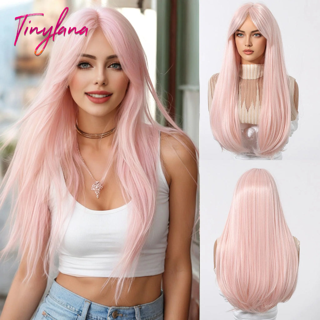 Long Straight Light Pink Synthetic Wigs with Bangs for Women Cosplay Halloween Lolita Pink Party Wig Natural Hair Heat Resistant