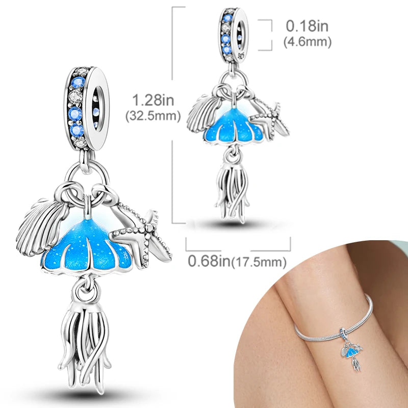 New Silver Plated Charms Beads Turtle Starfish Shell Sea Blue Summer Beads Fit Original Charms DIY Woman Jewelry Gift