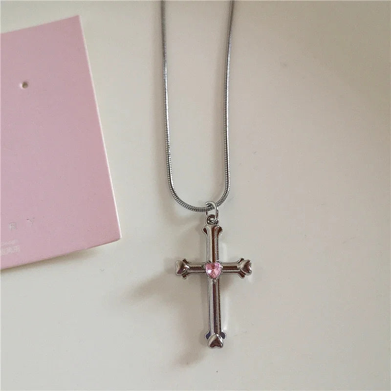 Kpop Vintage Pink Heart Bowknot Pendant Stainless Steel Snake Chain Necklace Girl Goth Y2k Aesthetic Rave Jewelry Accessories