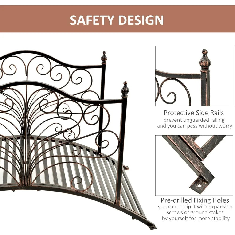 4FT Metal Garden Bridge with Side Rails, Outdoor Arch Footbridge with Scrollwork, 440 lbs Capacity, Easy Assembly for Yard, Lawn