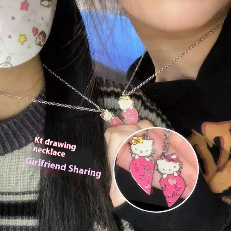 Fashion Best Friends Sweet Sanrio Hello Kitty Couple Pendant Necklace 2 Pcs/ Set Chain Choker BFF Good Friendship Jewelry Gift