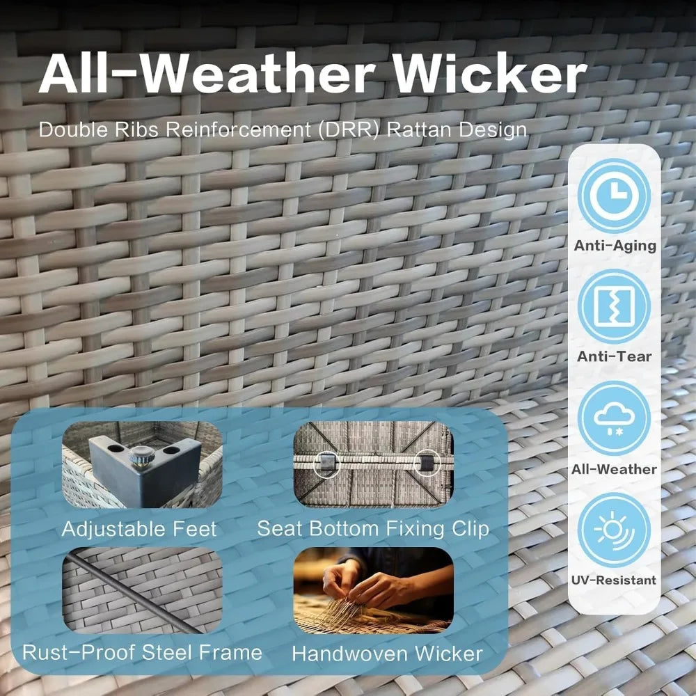 7-Piece Outdoor Rattan Sectional Sofa Set, Gray Wicker Patio Furniture Sets with Navy Blue Cushions for Balcony, Porch