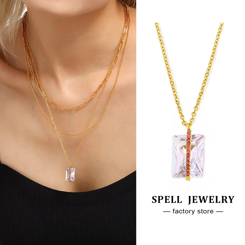 Chain Necklace In Stainless Steel With Large Square Zircon Pendant 18k Gold Plated Luxury Neck Chains Charm Necklaces For Women