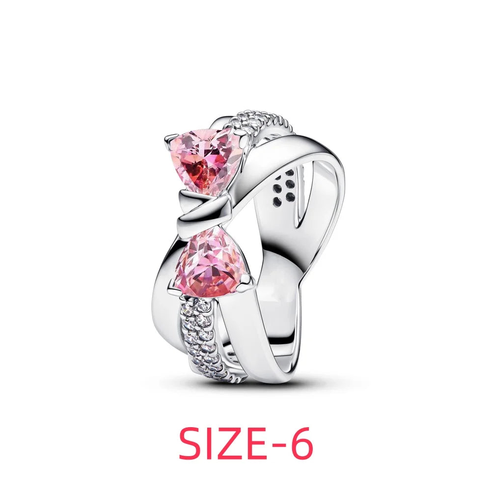 New 925 silver pink bow heart-shaped pendant ring necklace earrings crystal women's Valentine's Day birthday gift DIY jewelry