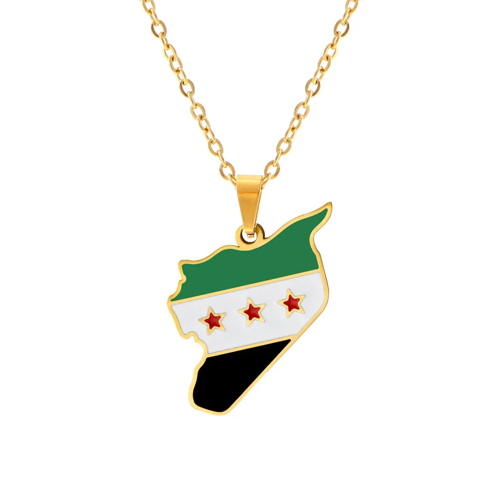 YILUOCD Stainless Steel Syria Map Flag Pendant Keychain Fashion Syrians Map Keyring for Women Men Chain Jewelry Gift