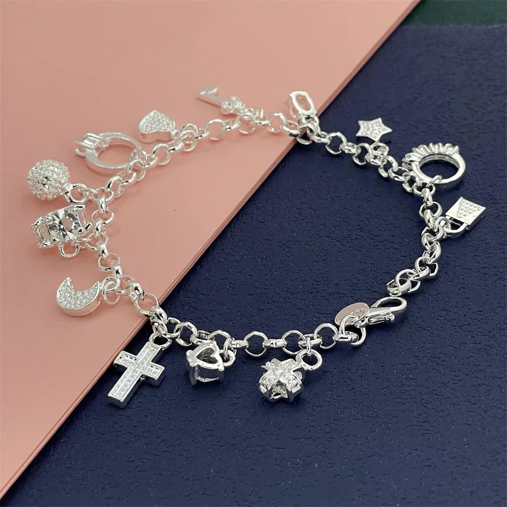 925 Sterling Silver 13 Pendant Bracelet, Ladies Couple Simple Luxury Banquet Wedding Birthday Jewelry Gift