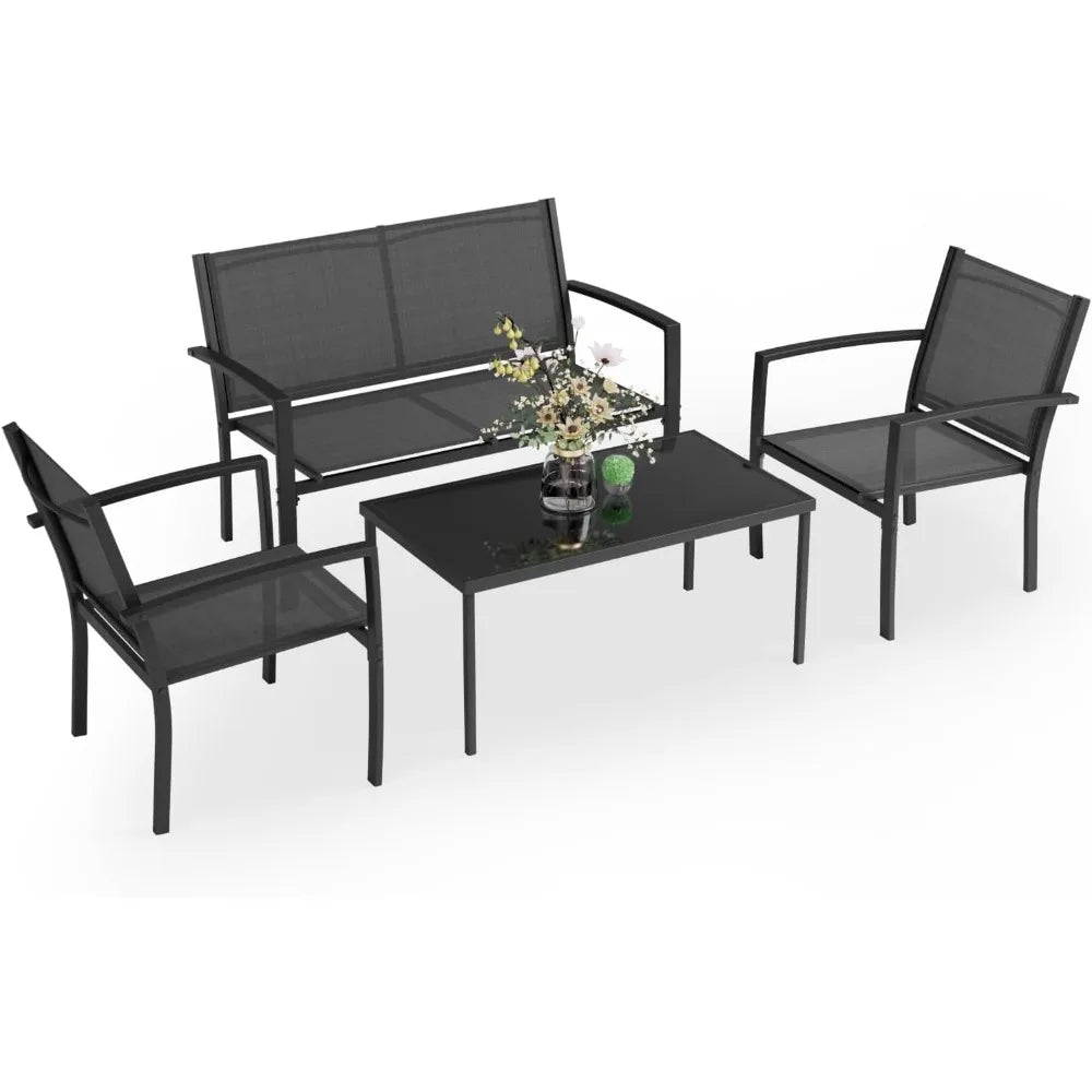 4 Pieces Patio Furniture Set, Outdoor Conversation Sets for Patio, Lawn, Garden, Poolside with A Glass Coffee Table, Black