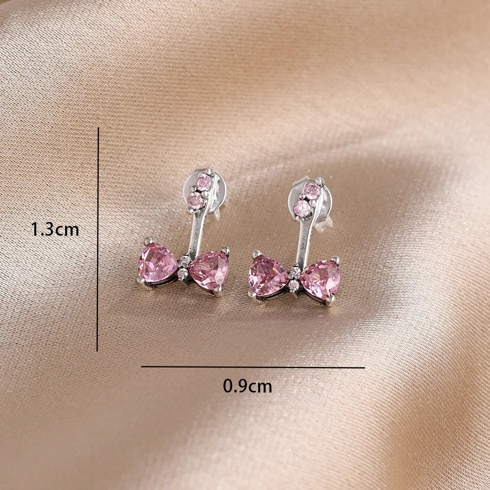 2025 New 925  silver earrings with sparkling red heart and pink bow earrings that fit original women's jewelry DIY birthday gift
