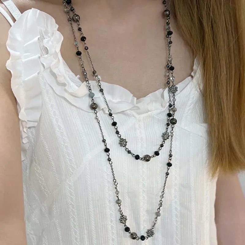 Vintage Double Layered Flower Beaded Chains Necklaces for Women Bohemian Ethnic Style Glass Beaded Sweater Chain Jewelry