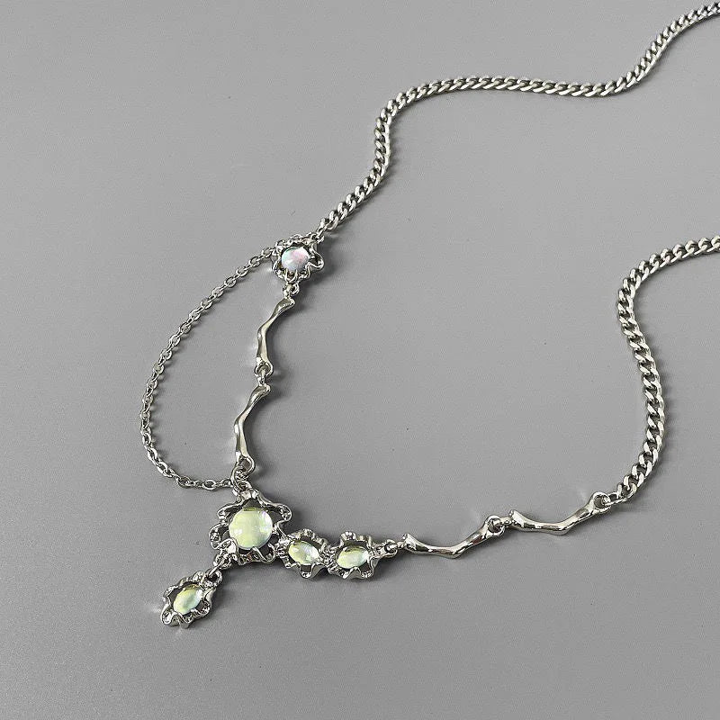 JWER Trendy Bling Moonstone Star Cross Pendant Necklace for Women Punk Hip Hop Star Chain CrystalNecklace Party Y2K Jewelry Gift